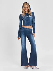 ROMWE Autumn/Winter Y2K Hot Girl Denim Print Women's Open Front Hooded Fitted Top And Ultra Low Waist Flare Pants 2 Pieces Set - Blue - View 2