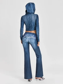 ROMWE Autumn/Winter Y2K Hot Girl Denim Print Women's Open Front Hooded Fitted Top And Ultra Low Waist Flare Pants 2 Pieces Set - Blue - View 1