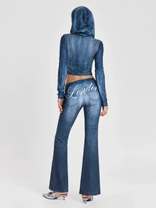 ROMWE Autumn/Winter Y2K Hot Girl Denim Print Women's Open Front Hooded Fitted Top And Ultra Low Waist Flare Pants 2 Pieces Set - Blue - View 3