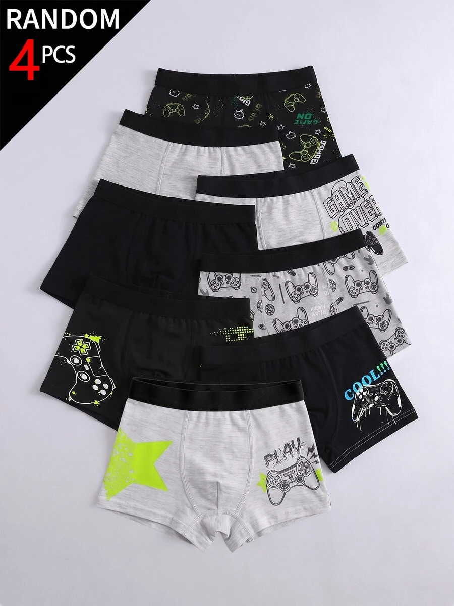 4pcs/Set Boys Cartoon Print Cool Black & Grey Boxer Briefs, Comfortable Touch, Suitable For All Seasons - Multicolor - View 1