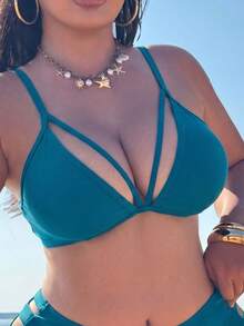 SHEIN Swim 大尺碼女款純色性感優雅繃帶比基尼上衣，適合夏季海灘派對度假穿著，柔和粉色調青色 - 綠色 - 查看 7