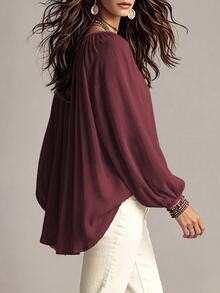 Omancia Women's Minimalist Pleated Texture Long Sleeve Blouse - Burgundy - View 2
