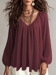 Omancia Women's Minimalist Pleated Texture Long Sleeve Blouse - Burgundy - View 7