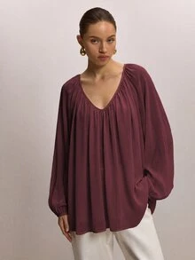 Omancia Women's Minimalist Pleated Texture Long Sleeve Blouse - Burgundy - View 5