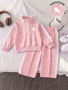 SHEIN 幼女粉色豹紋馬匹條紋長袖立領拉鍊外套褲套裝，生日秋季萬聖節聖誕夾克 - 彩色 - 查看 3