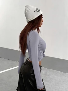 StreetHx 女款休閒舒適柔軟長袖T恤，秋季百搭 - 灰色 - 查看 2