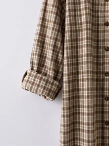 SHEIN LUNE Plus Size Women's Plaid Casual Daily Wear Shirt - Khaki - View 4