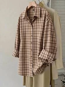 SHEIN LUNE Plus Size Women's Plaid Casual Daily Wear Shirt - Khaki - View 1