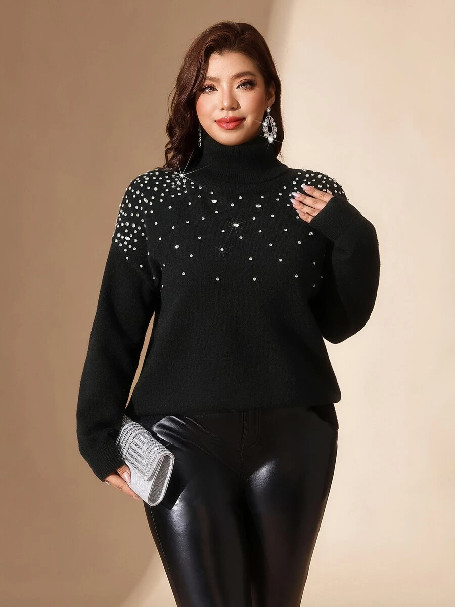 Comfylo Plus Size Women's Pullover Sweater, High Neck, Long Sleeve, Soft And Comfortable, Rhinestone Shoulder Decor, Casual Daily Wear For Autumn/Winter - Black - View 1