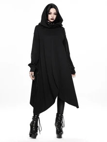 ROMWE Women's Regular Black Hooded Metal Vintage Asymmetrical Goth Witch Loose Cotton Oversize Jacket - Black - View 11