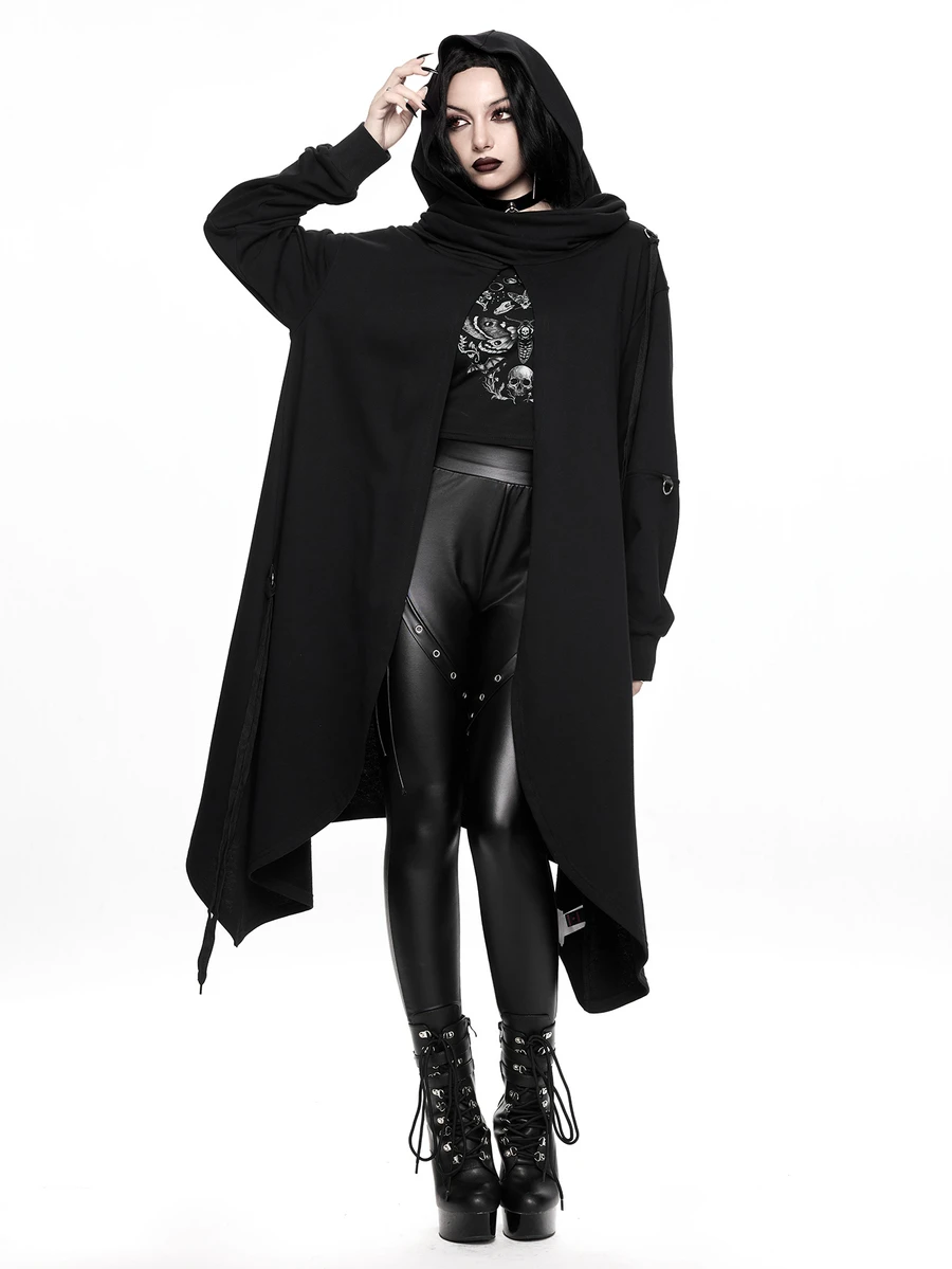 ROMWE Women's Regular Black Hooded Metal Vintage Asymmetrical Goth Witch Loose Cotton Oversize Jacket - Black - View 1