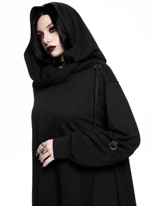 ROMWE Women's Regular Black Hooded Metal Vintage Asymmetrical Goth Witch Loose Cotton Oversize Jacket - Black - View 2