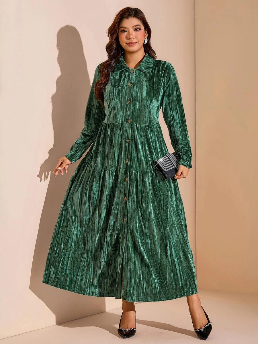 Comfylo Plus Size Women's Long Sleeve Collared Dress, Green Velvet, Slightly Stretchy, Soft And Comfortable, For Autumn/Winter Parties, Evening Events, And Dinners - Green - View 1