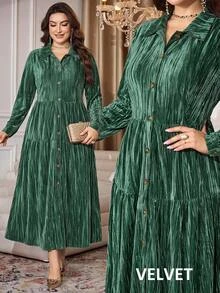 Comfylo Plus Size Women's Long Sleeve Collared Dress, Green Velvet, Slightly Stretchy, Soft And Comfortable, For Autumn/Winter Parties, Evening Events, And Dinners - Green - View 7