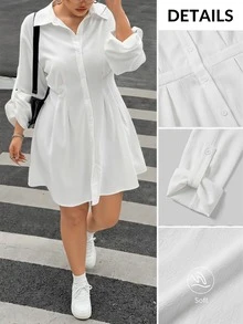 Muchica Plus Size Casual Elegant White Front Button Shirt Dress Brunch Formal Autumn - White - View 6