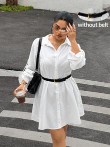 Muchica Plus Size Casual Elegant White Front Button Shirt Dress Brunch Formal Autumn - White - View 2