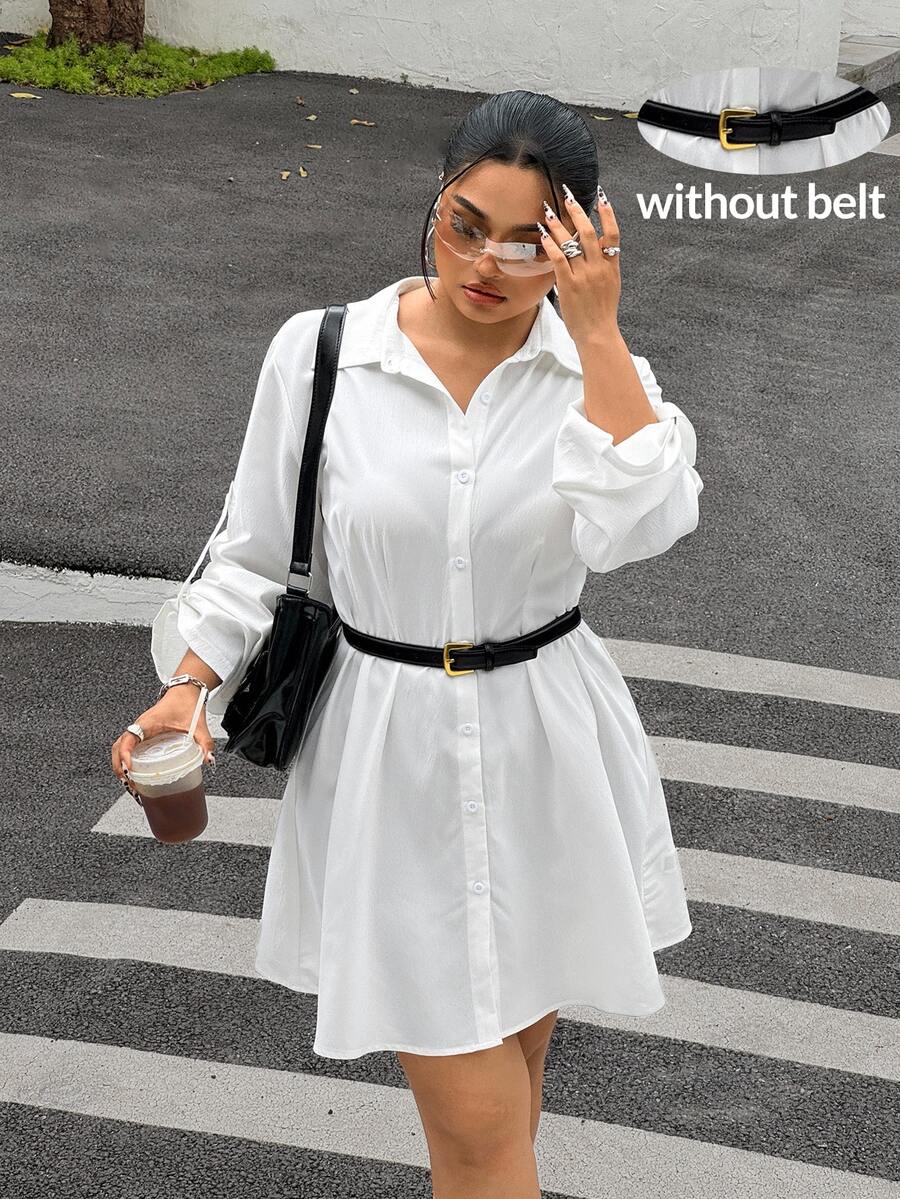 Muchica Plus Size Casual Elegant White Front Button Shirt Dress Brunch Formal Autumn
