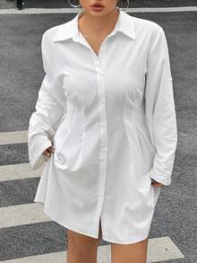 Muchica Plus Size Casual Elegant White Front Button Shirt Dress Brunch Formal Autumn - White - View 5
