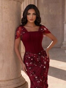 Coutiva فستان سهرة رسمي أنيق مزين بالترتر، بنقوش زهرية ثلاثية الأبعاد، بياقة مربعة وظهر عميق، بتصميم 2 في 1 مع حافة على طراز حورية البحر. مناسب لمهرجانات الموسيقى وحفلات أعياد الميلاد وحفلات الزفاف والحفلات وحفلات التخرج وحفلات العودة إلى المدرسة. - عنابي اللون - مشاهدة 6