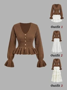 SHEIN MOD Elegant Brown Knit Cardigan For Women With V Neck And Gold Buttons Ruffled Hem And Cuffs Slim Fit Sweater Top,Fall And Winter Brown Sweater - Brown - View 2