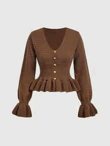 SHEIN MOD Elegant Brown Knit Cardigan For Women With V Neck And Gold Buttons Ruffled Hem And Cuffs Slim Fit Sweater Top,Fall And Winter Brown Sweater - Brown - View 3