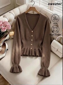 SHEIN MOD Elegant Brown Knit Cardigan For Women With V Neck And Gold Buttons Ruffled Hem And Cuffs Slim Fit Sweater Top,Fall And Winter Brown Sweater - Brown - View 1