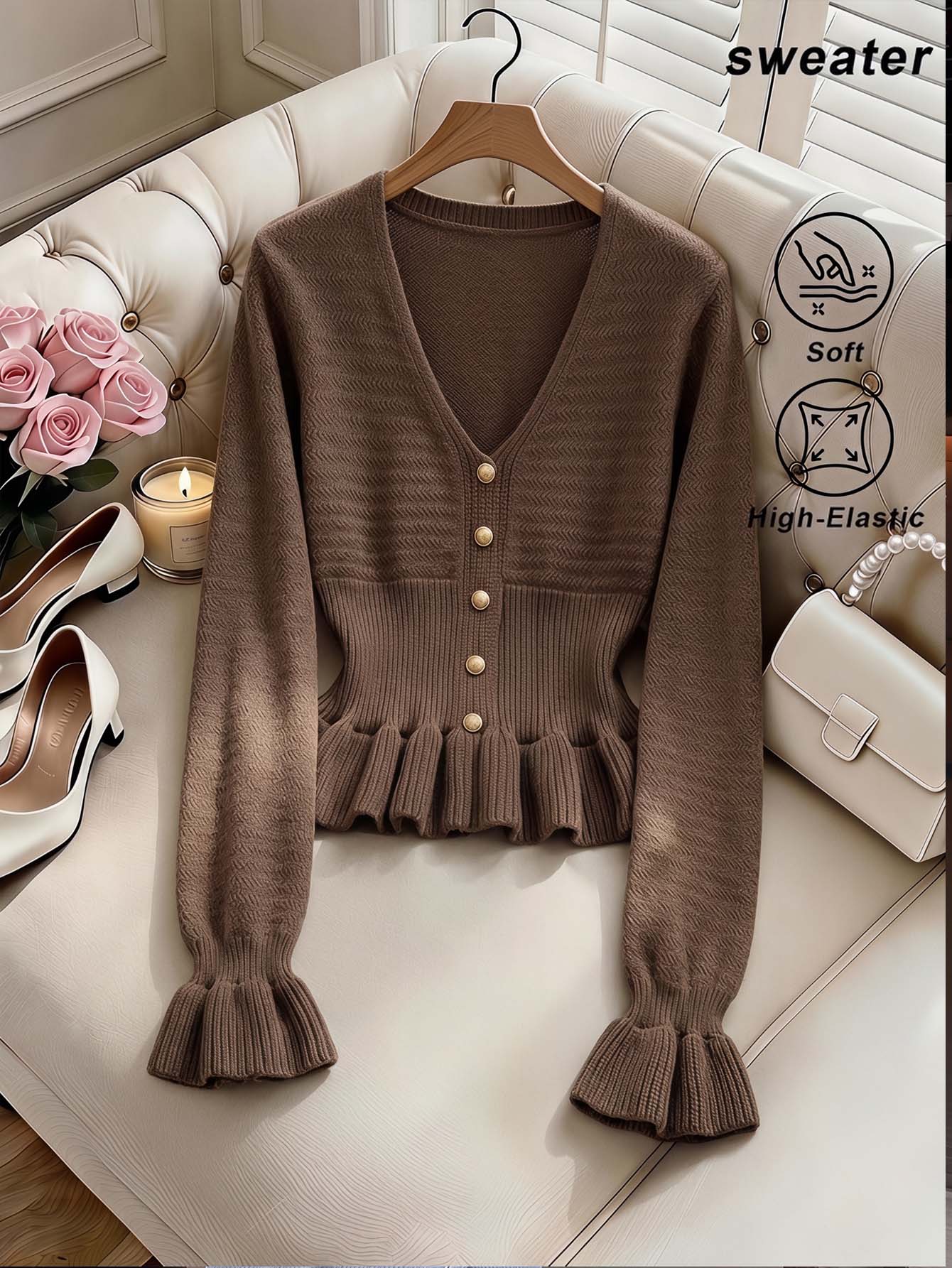SHEIN MOD Elegant Brown Knit Cardigan For Women With V Neck And Gold Buttons Ruffled Hem And Cuffs Slim Fit Sweater Top,Fall And Winter Brown Sweater - Brown - View 1