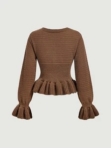SHEIN MOD Elegant Brown Knit Cardigan For Women With V Neck And Gold Buttons Ruffled Hem And Cuffs Slim Fit Sweater Top,Fall And Winter Brown Sweater - Brown - View 4