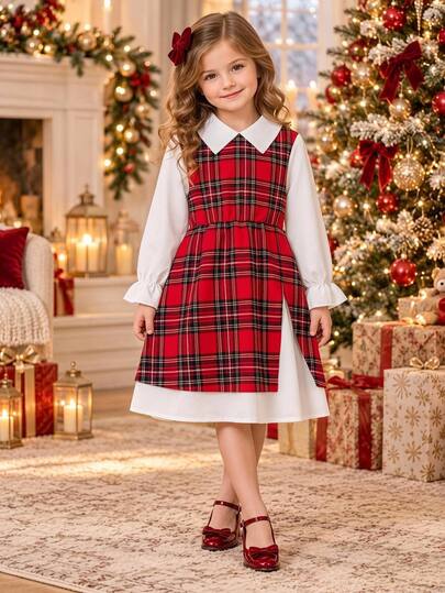 SHEIN Young Girl Plaid Patchwork Kids Color Casual Princess Fairy Christmas Fall Dress Matching Mommy Daughter 7th Birthday White Rainbow