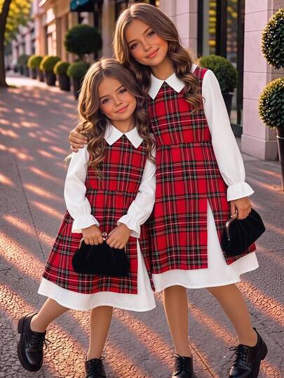 SHEIN Young Girl Plaid Patchwork Kids Color Casual Princess Fairy Christmas Fall Dress Matching Mommy Daughter 7th Birthday White Rainbow