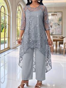 Fleurora Plus Size Women's Floral Embroidered Mesh High-Low Hem Top And Wide Leg Pants Elegant Romantic 2 Pieces Set Wedding Formal Silver Gray Fall - Light Grey - View 4