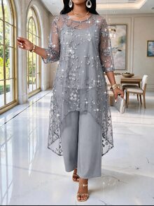 Fleurora Plus Size Women's Floral Embroidered Mesh High-Low Hem Top And Wide Leg Pants Elegant Romantic 2 Pieces Set Wedding Formal Silver Gray Fall - Light Grey - View 3