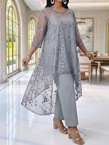 Fleurora Plus Size Women's Floral Embroidered Mesh High-Low Hem Top And Wide Leg Pants Elegant Romantic 2 Pieces Set Wedding Formal Silver Gray Fall - Light Grey - View 5