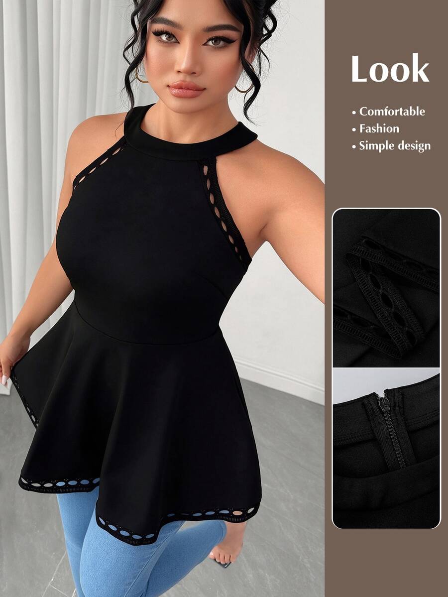 Elenzga Plus Size Women Versatile Patchwork Hollow Floral Lace Halter Neck Camisole - Black - View 1