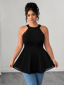Elenzga Plus Size Women Versatile Patchwork Hollow Floral Lace Halter Neck Camisole - Black - View 5