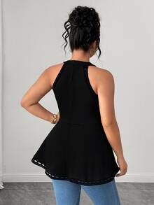 Elenzga Plus Size Women Versatile Patchwork Hollow Floral Lace Halter Neck Camisole - Black - View 2