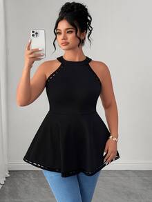 Elenzga Plus Size Women Versatile Patchwork Hollow Floral Lace Halter Neck Camisole - Black - View 4