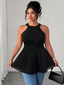 Elenzga Plus Size Women Versatile Patchwork Hollow Floral Lace Halter Neck Camisole - Black - View 6