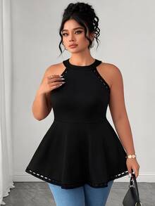Elenzga Plus Size Women Versatile Patchwork Hollow Floral Lace Halter Neck Camisole - Black - View 3