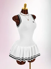 Amplova Women's Knight Pattern Colorblock Pleated Knit Dress - Black and White - View 9