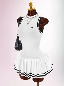 Amplova Women's Knight Pattern Colorblock Pleated Knit Dress - Black and White - View 5