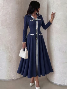 NOVVYNE Women's Navy Blue Knitted Textured Lapel Contrast Trim Metal Button Long Sleeve Cinched Waist Elegant Mid-Length Commuter Dress - Navy Blue - View 1