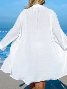 Swim Vcay كيمونو أبيض للنساء للتغطية على الملابس في العطلات والشاطئ مزين بأشجار جوز الهند - أبيض - مشاهدة 2