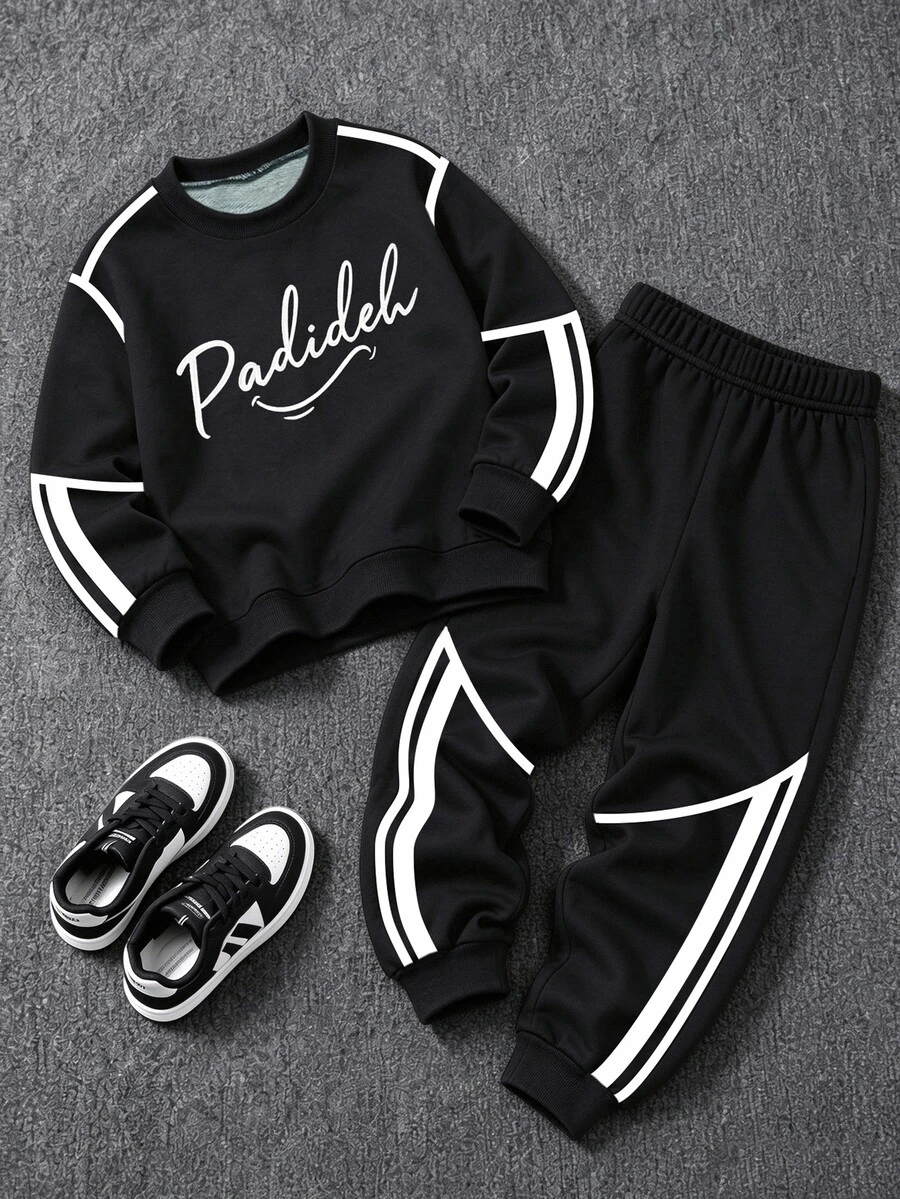 2pcs/Set Young Boy Fashion Crew Neck Sweatshirt Sports Pants Outfit, Creative Print Patchwork Design With English Slogan, Suitable For Birthday, Fall - Black - View 1