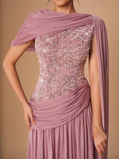Serin 2027 New Fashion Elegant Luxurious Beaded Sequin Embroidered Patchwork Chiffon Pleated Design Full Skirt Petal Sleeve Suitable For Wedding Events Bachelor Party Vacation Prom Bridal Mother Evening Gown