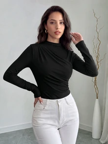 SHEIN Raffinéa Ruched Slim Fit Bodysuit Fall Cloth For Women - Black - View 1