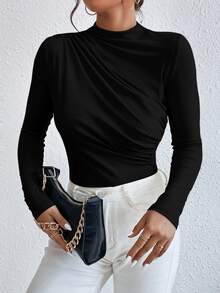 SHEIN Raffinéa Ruched Slim Fit Bodysuit Fall Cloth For Women - Black - View 7