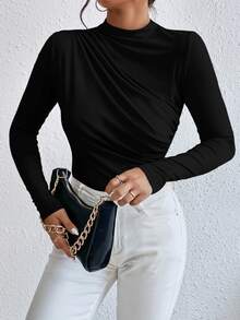 SHEIN Raffinéa Ruched Slim Fit Bodysuit Fall Cloth For Women - Black - View 8