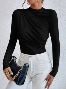 SHEIN Raffinéa Ruched Slim Fit Bodysuit Fall Cloth For Women - Black - View 4