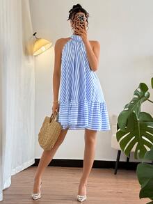 Rafferiza Elegant Sleeveless Halter Neck Frill Trim Striped Vacation Dress, Spring/Summer - Blue and White - View 5
